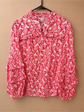 crown & ivy Pink Heart-Print Ruffle Button Blouse